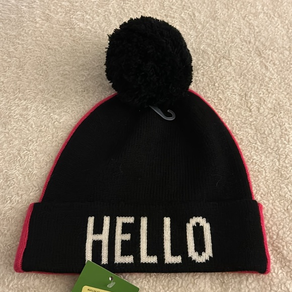 NWT Kate Spade Hello Gorgeous Black Pink Winter Pom Pom Beanie Hat - Picture 2 of 7